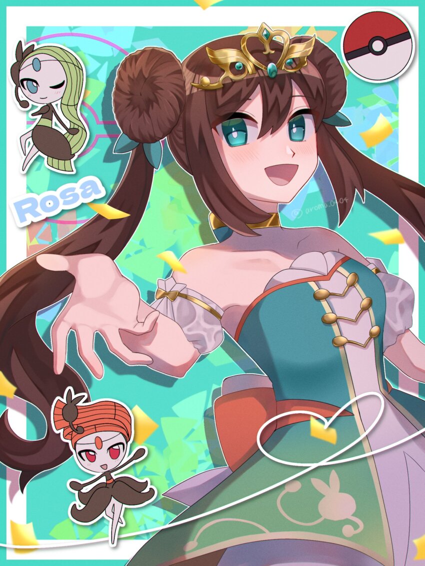 1girl :d aroma_0404 bright_pupils brown_hair character_name collarbone commentary_request double_bun dress gen_5_pokemon green_eyes hair_bun heart highres legendary_pokemon long_hair looking_down meloetta mythical_pokemon nintendo no_feet official_alternate_costume open_mouth poke_ball_symbol pokemon pokemon_(creature) pokemon_masters_ex rosa_(champion)_(pokemon) rosa_(pokemon) sidelocks smile strapless strapless_dress white_pupils