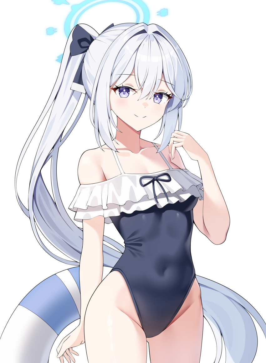 1girl absurdres bare_shoulders black_bow blue_archive blue_halo blue_one-piece_swimsuit bow breasts casual_one-piece_swimsuit closed_mouth collarbone commentary covered_navel cowboy_shot frilled_one-piece_swimsuit frills groin hair_between_eyes hair_bow hair_intakes halo hand_up highleg highleg_one-piece_swimsuit highres innertube long_hair looking_at_viewer miyako_(blue_archive) miyako_(swimsuit)_(blue_archive) ocean off-shoulder_one-piece_swimsuit off_shoulder one-piece_swimsuit ponytail purple_eyes sidelocks simple_background small_breasts smile sob_(submar1089) solo swim_ring swimsuit very_long_hair white_background white_hair