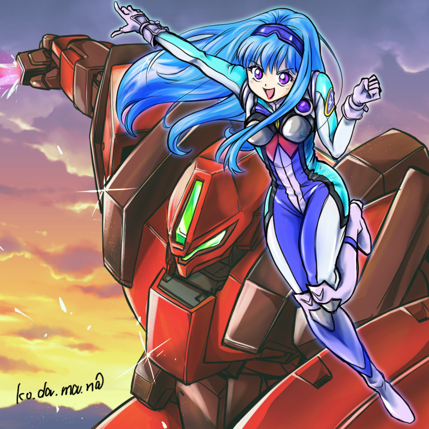 1girl artist_name blue_hair blue_hairband breasts choir_demonic clenched_hand clip_studio_paint_(medium) cloud commission energy_sword hairband holding holding_sword holding_weapon long_hair looking_at_viewer mecha medium_breasts musica_fareden pilot_suit purple_eyes real_robot_battle_line robot skeb_commission smile sunset super_robot_wars sword v-shaped_eyebrows visor weapon yuzupapa