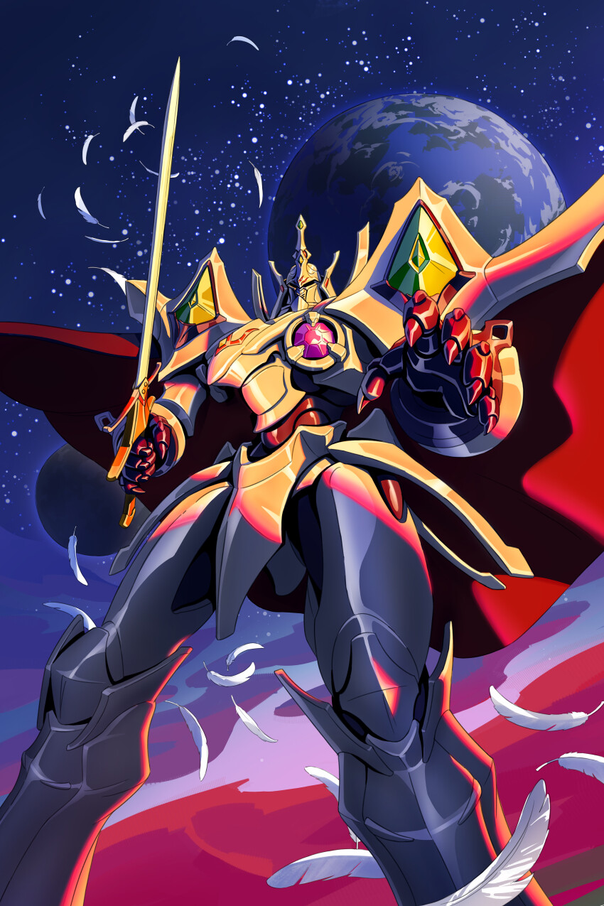 absurdres artofwill cape commentary earth_(planet) english_commentary escaflowne falling_feathers feathers feet_out_of_frame highres holding holding_sword holding_weapon mecha night night_sky planet red_cape robot sky solo standing star_(sky) starry_sky sword tenkuu_no_escaflowne weapon