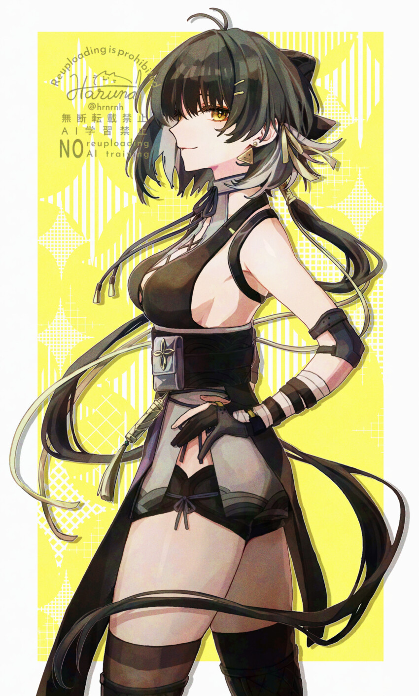 1girl bandaged_arm bandages bare_shoulders black_bow black_hair black_shorts border bow breasts closed_mouth colored_inner_hair commentary_request cross-laced_clothes cross-laced_dress earrings elbow_pads female_rover_(wuthering_waves) hair_bow hair_ribbon hand_on_own_hip haruna_(hrnrnh) highres jewelry large_breasts light_smile multicolored_hair ribbon rover_(wuthering_waves) short_shorts shorts solo triangle_earrings white_border white_hair wuthering_waves yellow_background yellow_eyes yellow_ribbon