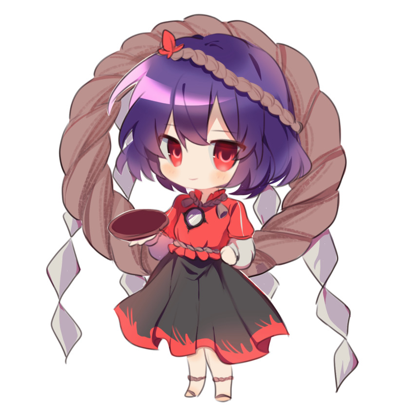 1girl black_skirt bowl chibi chibi_only chinese_commentary closed_mouth commentary_request dayoku highres holding holding_bowl layered_sleeves long_sleeves pleated_skirt purple_hair red_eyes red_trim rope shimenawa shirt short_hair short_over_long_sleeves short_sleeves simple_background skirt smile solo touhou white_background white_shirt yasaka_kanako