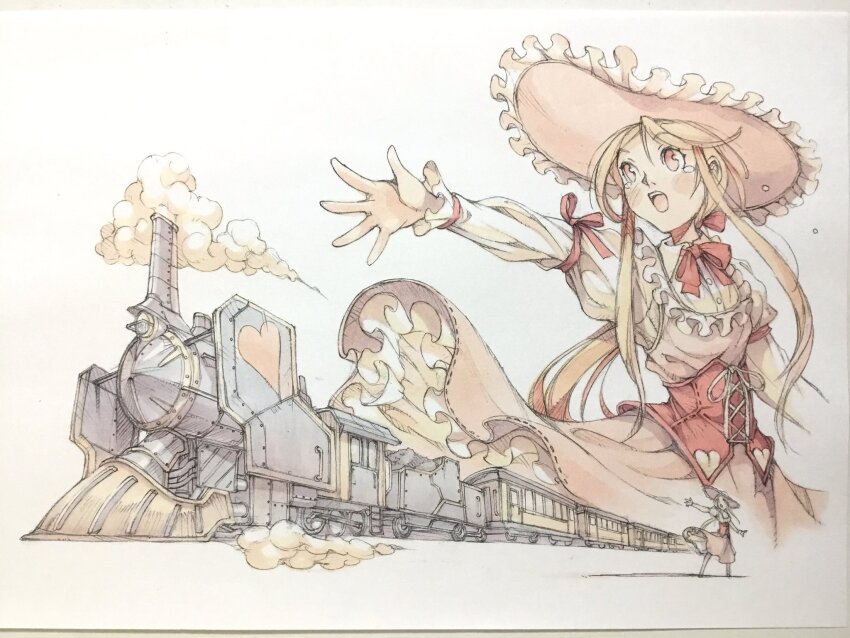 1girl blonde_hair bow bowtie clothes_lift commentary corset cowboy_western different_zoom_layer dress dress_lift flying_teardrops frilled_dress frilled_hat frilled_sleeves frills hair_bow hat heart highres layered_dress locomotive long_dress long_hair long_sidelocks low_ponytail open_hand open_mouth original outstretched_arm peter_salt pink_dress pink_hat ponytail red_bow red_bowtie red_corset red_eyes red_ribbon ribbon sidelocks solo standing steam steam_locomotive sun_hat tears teeth traditional_media upper_teeth_only very_long_hair wind wind_lift zoom_layer