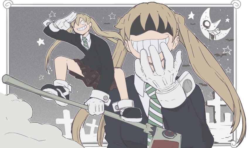 1girl black_jacket commentary crescent full_body gloves graveyard grey_hair grin highres jacket long_hair maka_albarn michel_teru multiple_views necktie shaded_face smile soul_eater star_(symbol) teeth twintails two-tone_necktie white_gloves