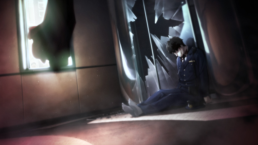 1boy black_hair black_jacket black_necktie black_ribbon bleeding blood blood_drip blood_in_hair blood_on_chest blood_on_clothes blood_on_face broken_glass chaos;child corpse facing_down game_cg glass hands_on_floor highres hood indoors injury jacket long_sleeves necktie no_shoes non-web_source official_art police ribbon sasaki_mutsumi shirt short_hair socks white_sleeves white_socks