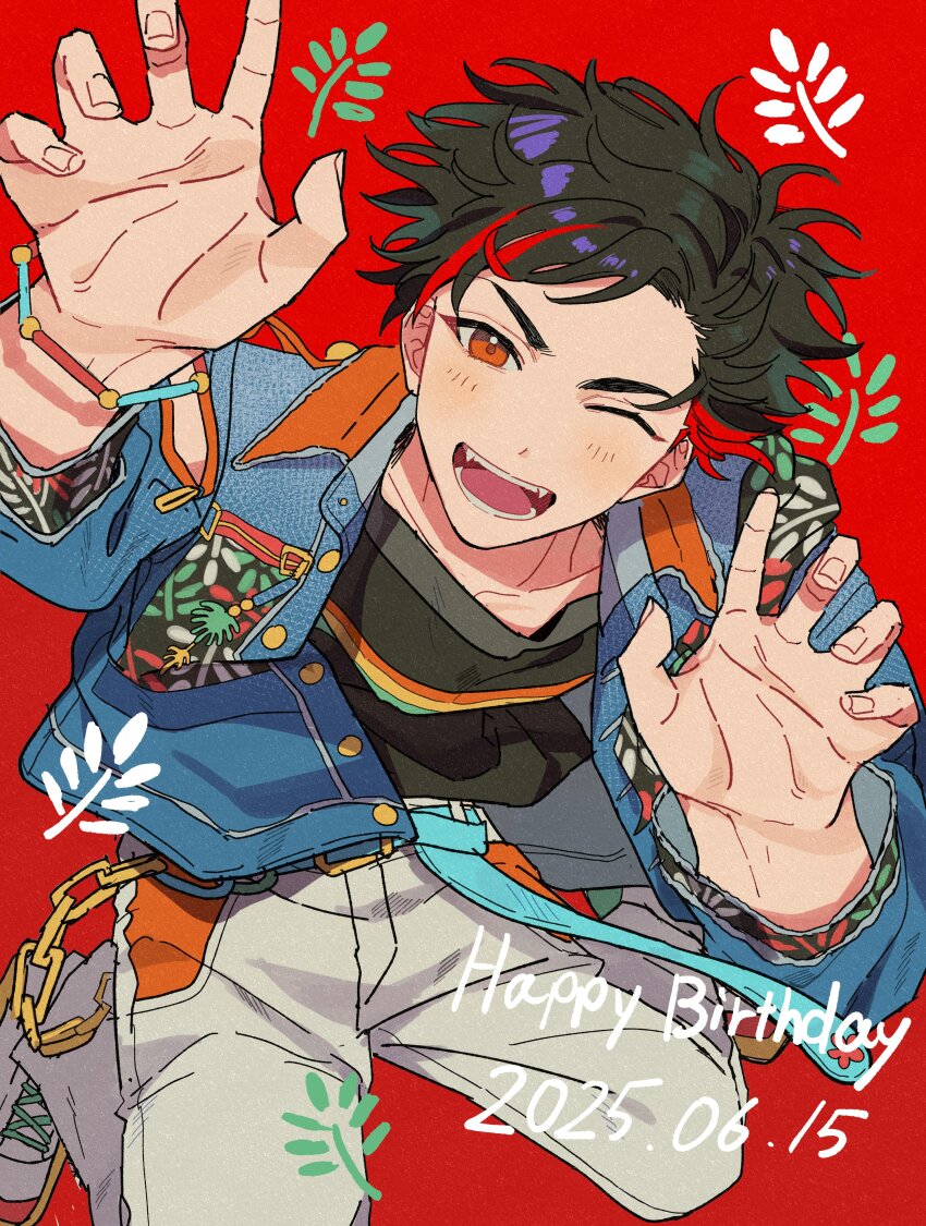 1boy absurdres arms_up black_hair black_shirt blue_jacket blush claw_pose collared_jacket dot_nose ensemble_stars! fangs fingernails highres jacket komakoma_enst looking_at_viewer male_focus multicolored_hair nagumo_tetora one_eye_closed open_clothes open_jacket open_mouth pants red_background red_eyes red_hair shirt shoelaces shoes short_hair sneakers solo streaked_hair teeth tongue wallet_chain wing_collar