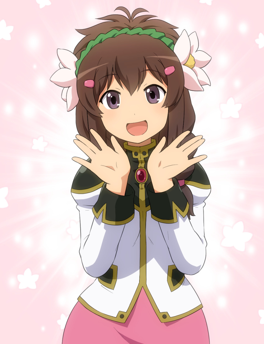 1girl :d brown_hair commentary_request cosplay fujimiya_konomi galaxy_angel grey_eyes hair_between_eyes hands_up highres jacket juliet_sleeves long_sleeves looking_at_viewer milfeulle_sakuraba milfeulle_sakuraba_(cosplay) non_non_biyori open_mouth pink_background pink_skirt puffy_sleeves shirosato skirt smile solo voice_actor_connection white_jacket