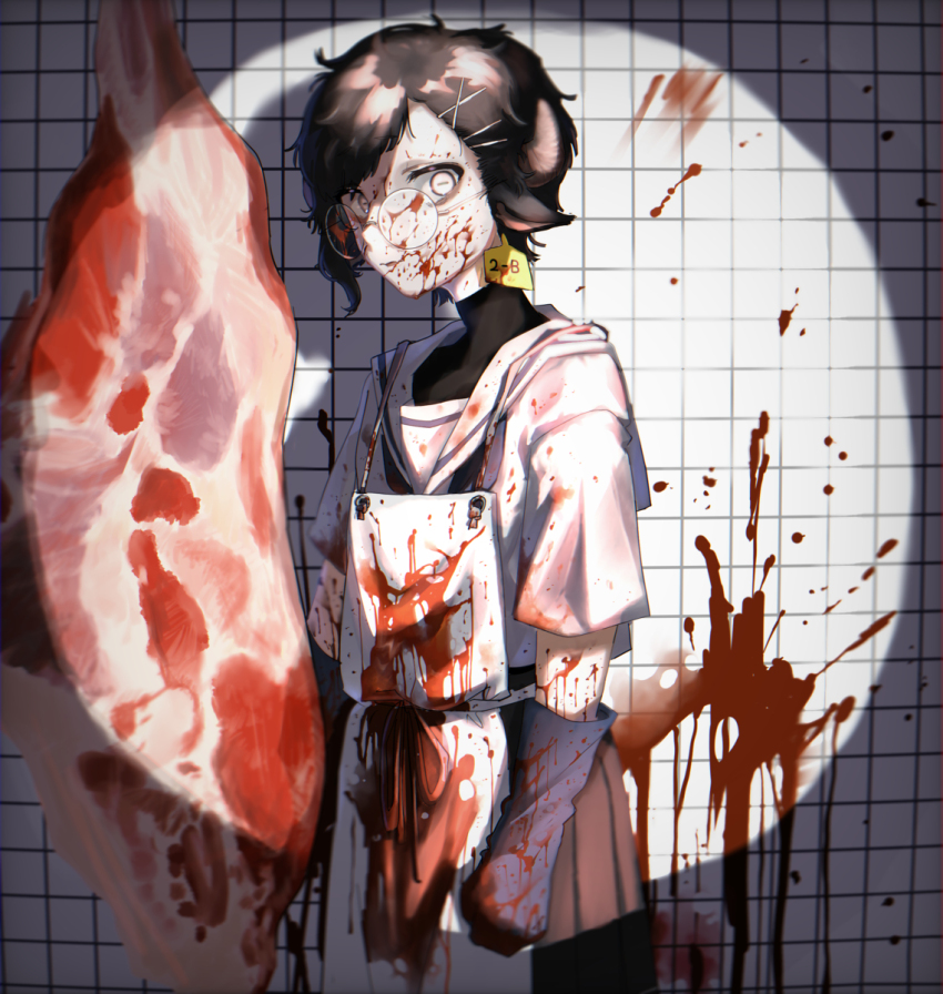 1girl animal_ears blood blood_on_clothes blood_on_face highres original school_uniform serafuku tagme ushitaberu