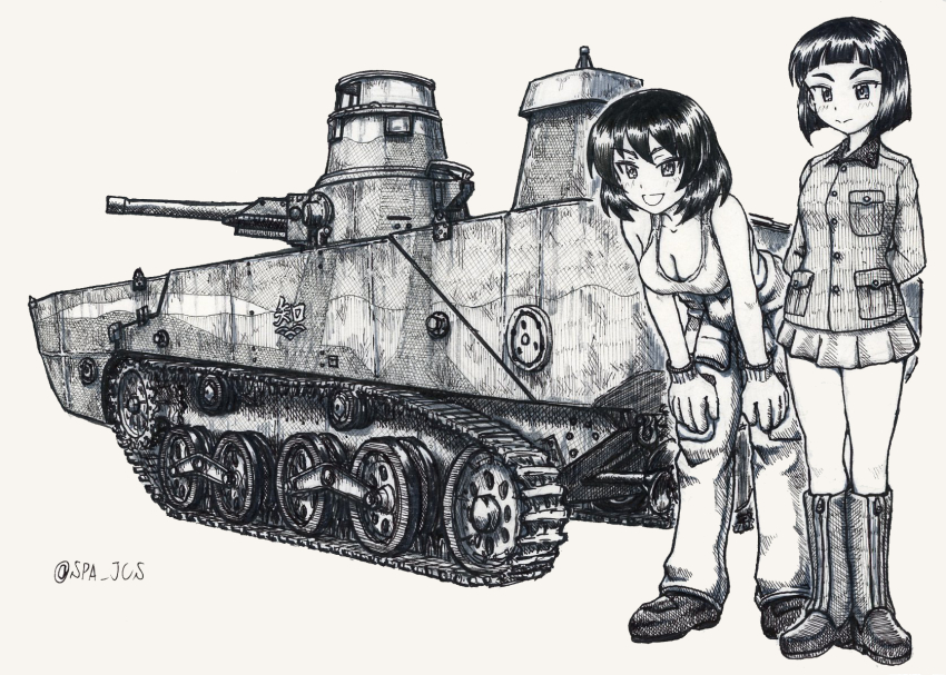 2girls arms_behind_back ballpoint_pen_(medium) blunt_bangs blunt_ends bob_cut boots breasts chi-hatan_(emblem) chi-hatan_military_uniform cleavage closed_mouth clothes_around_waist commentary_request emblem girls_und_panzer gloves greyscale hands_on_own_knees highres hoshino_(girls_und_panzer) jacket jumpsuit knee_boots leaning_forward long_sleeves mechanic medium_breasts military military_uniform military_vehicle miniskirt monochrome motor_vehicle multiple_girls nishihara_yasoko nspa_(spa-jcs) open_mouth partial_commentary pen_(medium) pleated_skirt shoes short_hair side-by-side skirt smile special_type_2_launch_ka-mi standing tank tank_top traditional_media twitter_username zipper