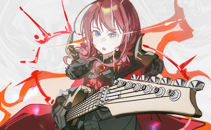 1girl absurdres black_coat black_gloves blue_eyes cape coat commentary diffraction_spikes electric_guitar flve girls_band_cry girls_band_cry_rpg gloves guitar highres holding holding_guitar holding_instrument instrument iseri_nina long_sleeves open_mouth red_brooch red_cape red_hair short_twintails solo twintails
