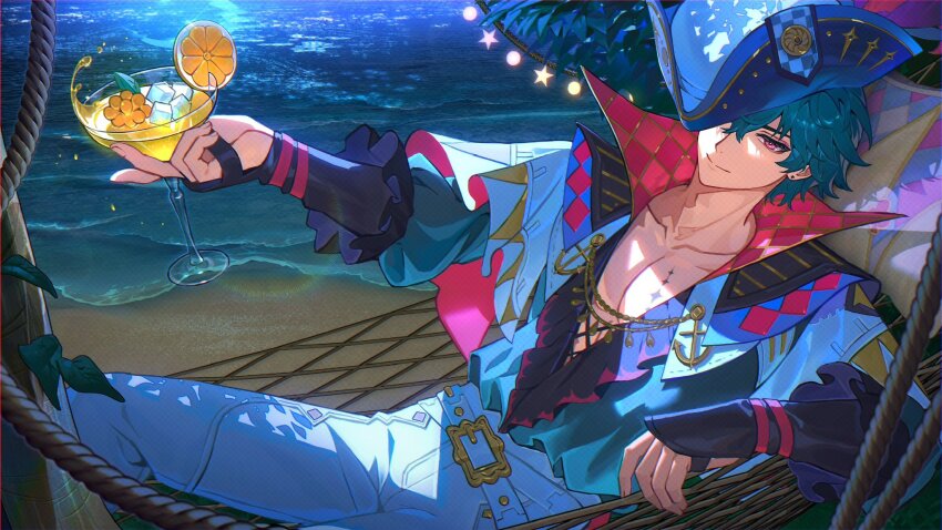 1boy anchor_ornament beach belt belt_buckle blue_hair blue_shirt brant_(wuthering_waves) buckle closed_mouth collarbone collared_shirt commentary_request cup drink drinking_glass earrings food frilled_shirt frills fruit gold_trim hair_between_eyes hammock hat hat_feather hat_over_one_eye high_collar highres holding holding_cup ice ice_cube jewelry looking_at_viewer male_focus mystical_high_collar ocean one_eye_covered orange_(fruit) orange_slice pants pectoral_cleavage pectorals pirate_hat purple_eyes rope sand shirt short_hair smile solo stud_earrings tacet_mark_(wuthering_waves) takahashi_suika tricorne tropical_drink water white_belt white_hat white_pants wuthering_waves
