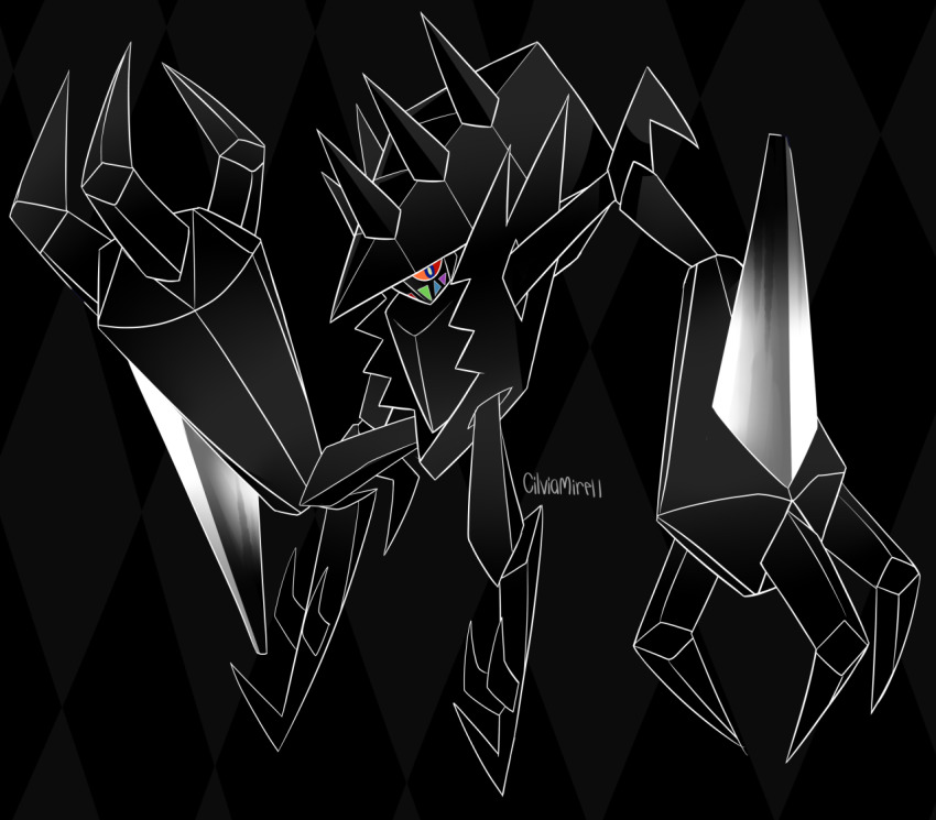 black_background black_theme commentary creature english_commentary full_body gen_7_pokemon giganide legendary_pokemon looking_at_viewer necrozma necrozma_(normal) nintendo no_humans pokemon pokemon_(creature) signature solo