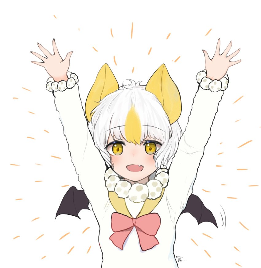 10s 1girl animal_ears bad_id bad_twitter_id bat_ears bat_wings blonde_hair blush bow bowtie commentary dnsdltkfkd fang female_focus fur_collar fur_trim hands_up highres honduran_white_bat_(kemono_friends) kemono_friends long_sleeves multicolored_hair open_mouth short_hair solo sweater upper_body white_hair wings yellow_eyes