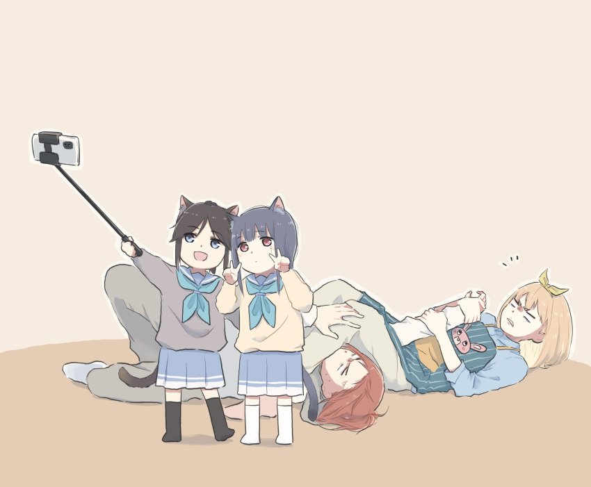 4girls animal_ears apron arm_grab armbar black_hair black_legwear blonde_hair blue_eyes blue_sailor_collar blue_skirt bow brown_hair cat_ears cat_tail cellphone double_v fighting hair_bow hibike!_euphonium highres kasaki_nozomi lyy multiple_girls nakagawa_natsuki pants phone pleated_skirt red_eyes red_hair sailor_collar school_uniform selfie selfie_stick serafuku skirt submission_hold sweater tail taking_picture v white_legwear wrestling yoroizuka_mizore yoshikawa_yuuko