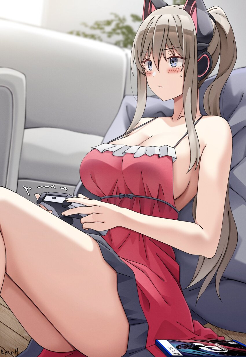 1girl animal_ear_headphones animal_ears artist_name blonde_hair blue_eyes blush borrowed_character bow breasts cat_ear_headphones cleavage controller couch dualshock fake_animal_ears front_bow game_controller gamepad gran_turismo gran_turismo_5 hair_tie headphones highres keenh large_breasts leaning_on_object long_hair looking_at_screen nightgown no_bra original pillow plant playing_games playstation_controller playstation_logo ponytail sideboob solo toyoda_rio_(rc_f)