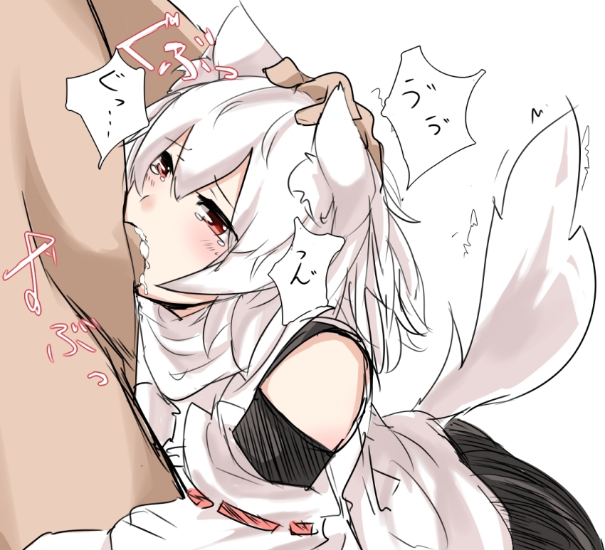 1boy 1girl animal_ears black_skirt blush commentary_request deepthroat detached_sleeves fellatio from_side hand_on_another&#039;s_head hand_on_another&#039;s_waist hetero houkai_(collapse_illust) inubashiri_momiji irrumatio oral out_of_frame red_eyes shirt simple_background skirt solo_focus sound_effects sound_effects_only tail tearing_up touhou white_background white_hair white_shirt wolf_ears wolf_girl wolf_tail