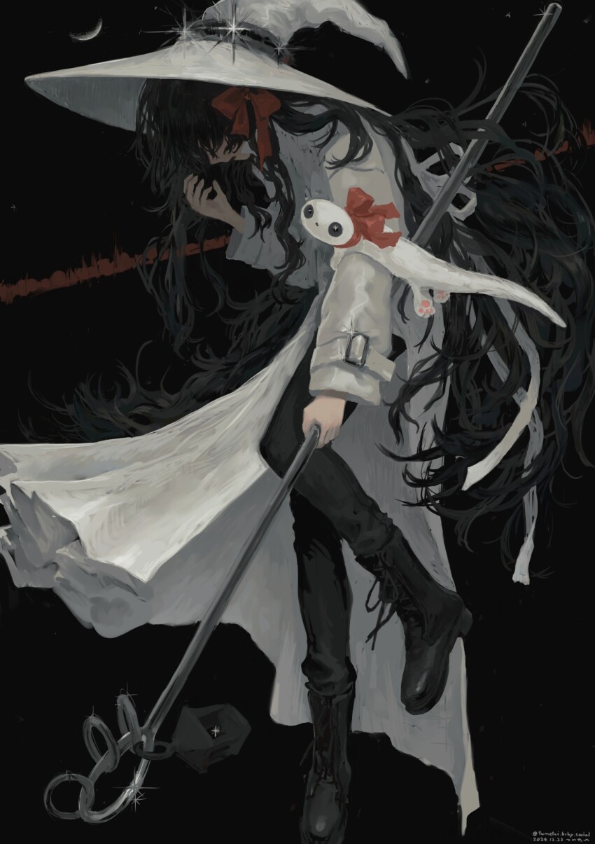 1girl black_footwear black_hair black_pants bluesky_username boots coat creature_on_hand dated glint gregor_(tsurunoka) hair_ribbon hand_up hat highres holding holding_staff lead_white_(tsurunoka) long_hair original pants profile red_ribbon ribbon side_slit staff tsumetai_(tsurunoka) very_long_hair white_coat witch_hat