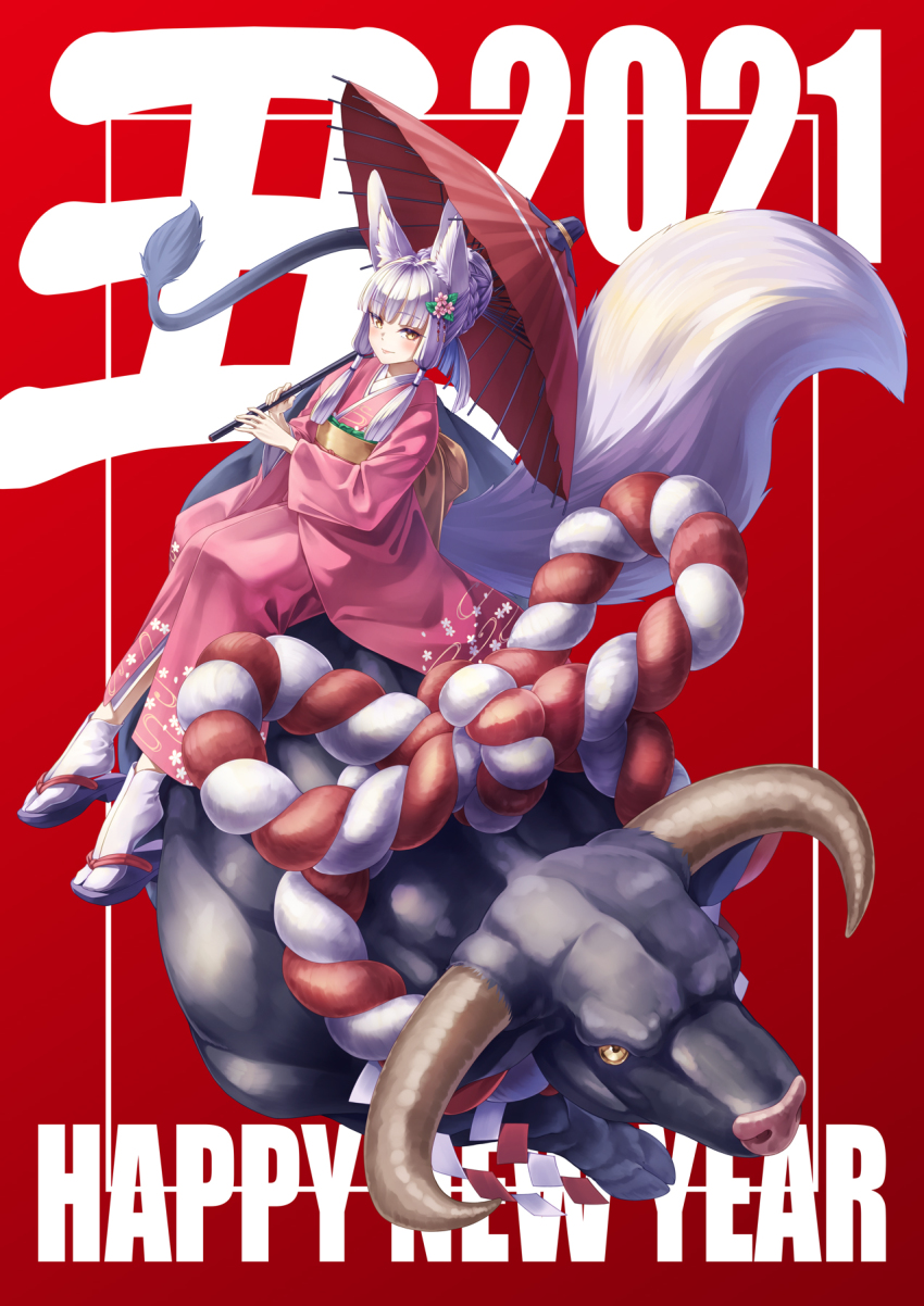 1girl 2021 animal_ear_fluff animal_ears blunt_bangs blush braid braided_bun bull commentary_request fox_ears fox_tail hair_bun hair_tubes happy_new_year highres japanese_clothes kazuki_seihou kimono looking_at_viewer new_year obi oil-paper_umbrella original ouka_(kazuki_seihou) sash short_hair_with_long_locks silver_hair single_hair_bun sitting solo tabi tail umbrella yellow_eyes