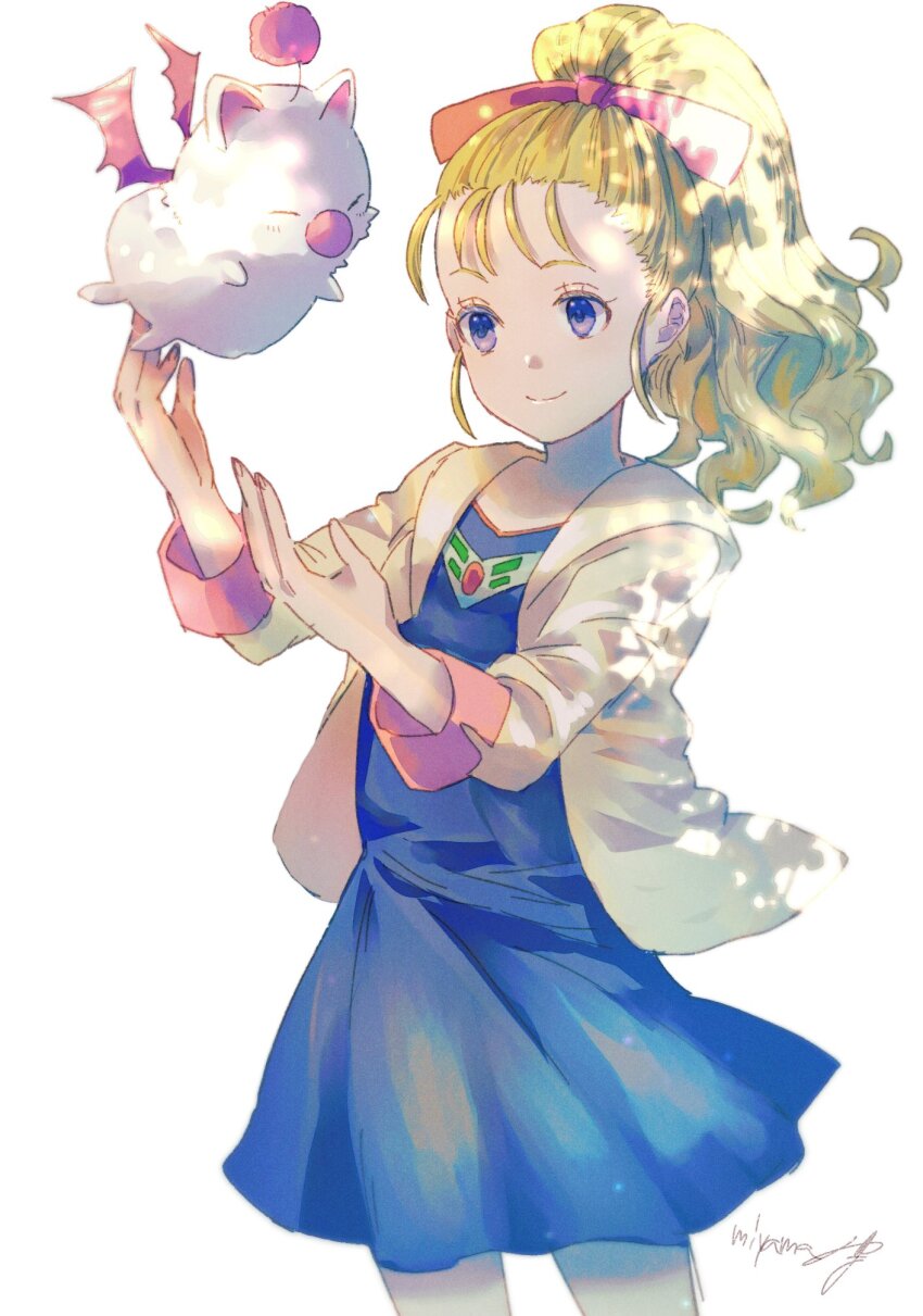 1girl blonde_hair blue_dress blue_eyes closed_mouth dress final_fantasy final_fantasy_v highres hood hoodie krile_mayer_baldesion_(ff5) long_hair miyama_(lacrima01) moogle ponytail signature simple_background smile white_background
