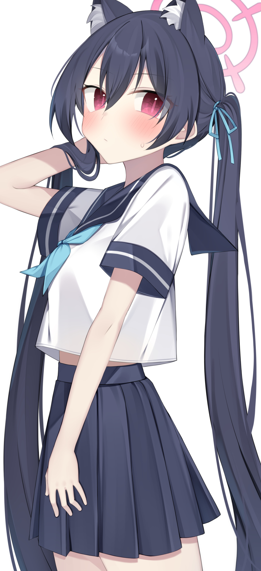 1girl absurdres animal_ear_fluff animal_ears black_hair blue_archive blue_neckerchief blue_ribbon blue_sailor_collar blue_skirt blush cat_ears commentary_request hair_between_eyes hair_ribbon halo hanasaki_rin highres long_hair neckerchief pink_eyes pink_halo pleated_skirt ribbon sailor_collar school_uniform serafuku serika_(blue_archive) shirt simple_background skirt solo sweatdrop twintails very_long_hair white_background white_shirt