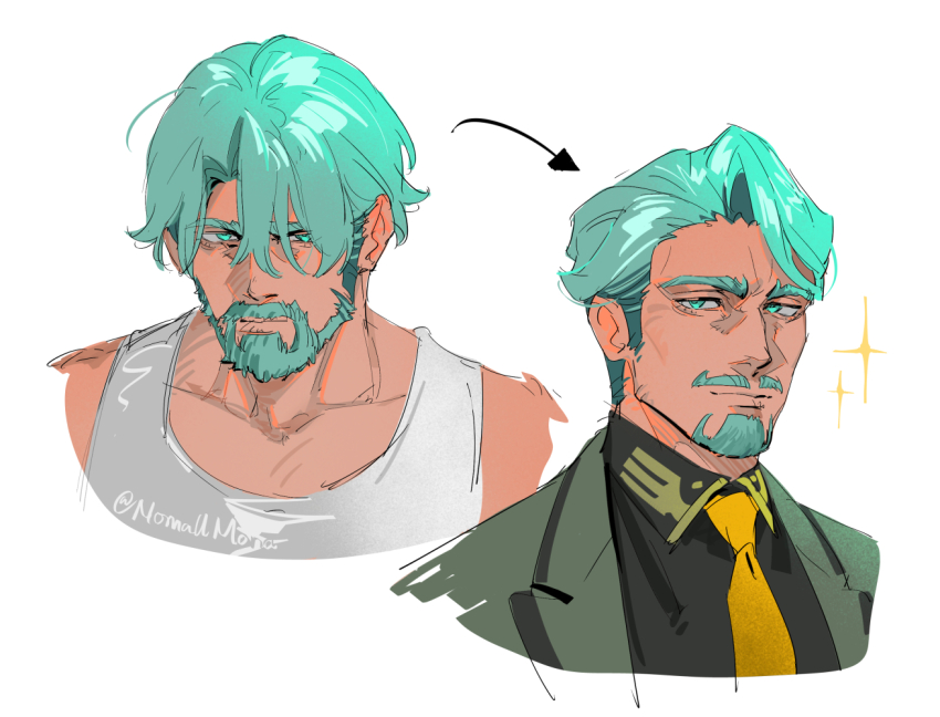 1boy aqua_eyes aqua_hair arrow_(symbol) artist_name beard challia_bull commentary cropped_shoulders english_commentary facial_hair full_beard goatee gundam gundam_gquuuuuux male_focus multiple_views mustache necktie nomaumona short_hair simple_background sparkle tank_top twitter_username white_background yellow_necktie