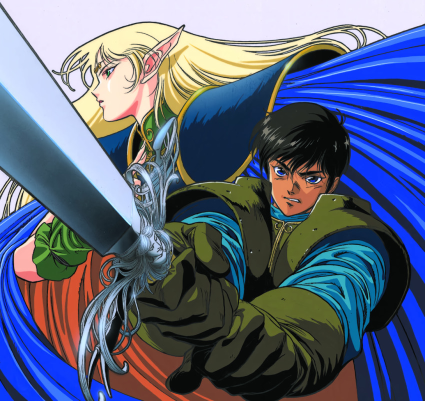 1boy 1girl black_hair blonde_hair blue_eyes cape deedlit gloves green_gloves grin holding holding_sword holding_weapon long_hair long_pointy_ears non-web_source official_art parn_(lodoss) pointy_ears profile record_of_lodoss_war short_hair smile sword two-handed weapon yuuki_nobuteru