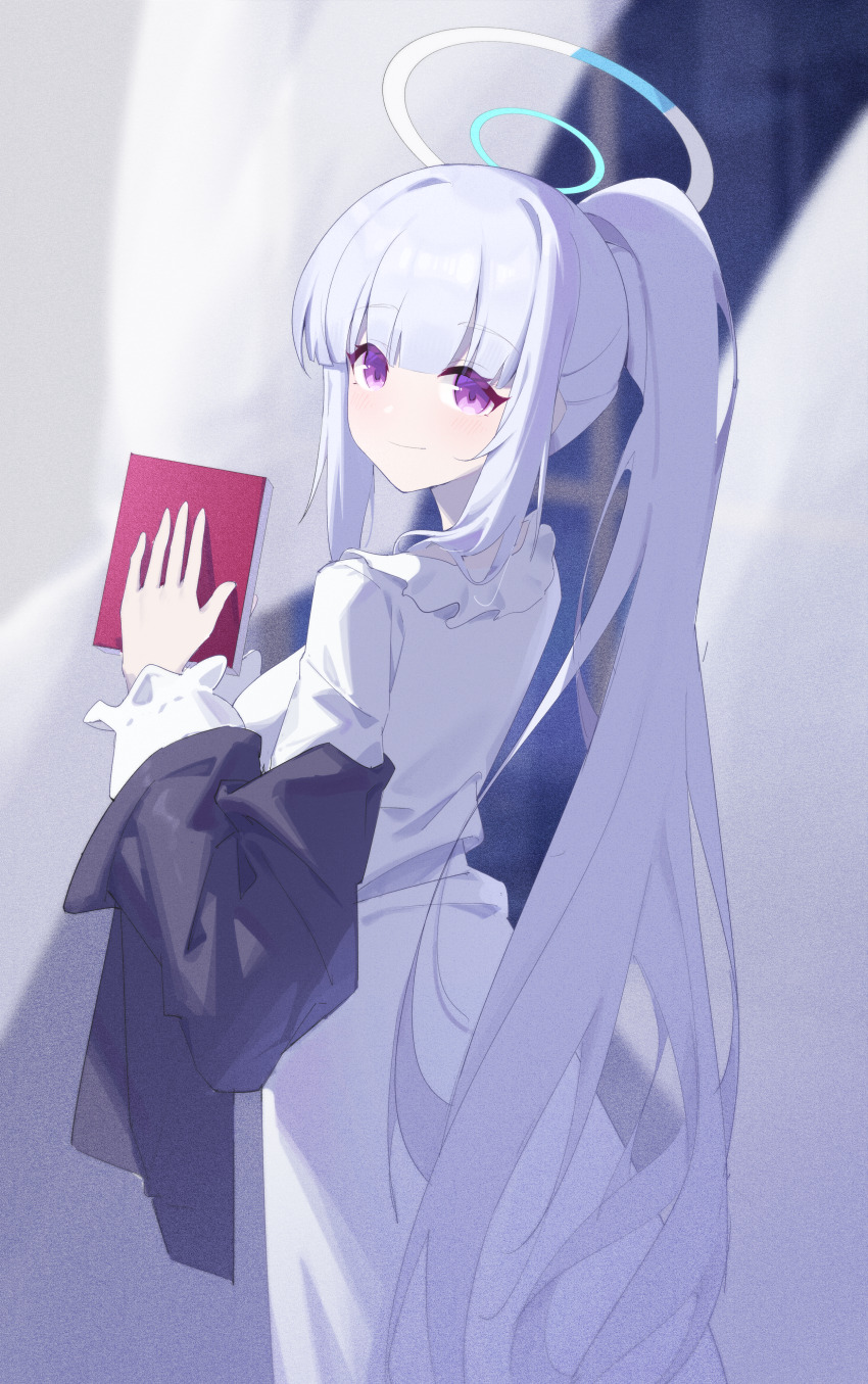 1girl absurdres blue_archive blunt_bangs book closed_mouth frilled_sleeves frills halo highres holding holding_book indoors jei_(user_tckk7448) long_hair long_sleeves looking_at_viewer mechanical_halo noa_(blue_archive) noa_(pajamas)_(blue_archive) official_alternate_costume official_alternate_hairstyle pajamas ponytail purple_eyes sidelocks smile solo standing straight_hair very_long_hair white_hair white_halo white_pajamas