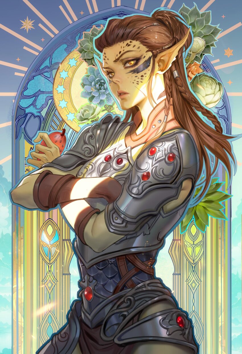 1girl absurdres armor baldur&#039;s_gate baldur&#039;s_gate_3 braid breastplate brown_eyes brown_gloves brown_hair colored_skin commentary crossed_arms dungeons_&amp;_dragons elbow_gloves english_commentary facial_scar fan_yang_(jiuge) flower food fruit gith_(d&amp;d) gloves green_skin hair_bun highres holding holding_food holding_fruit lae&#039;zel long_hair looking_at_viewer parted_lips pauldrons pelvic_curtain pointy_ears scar scar_on_cheek scar_on_face shoulder_armor sideways_glance single_hair_bun solo