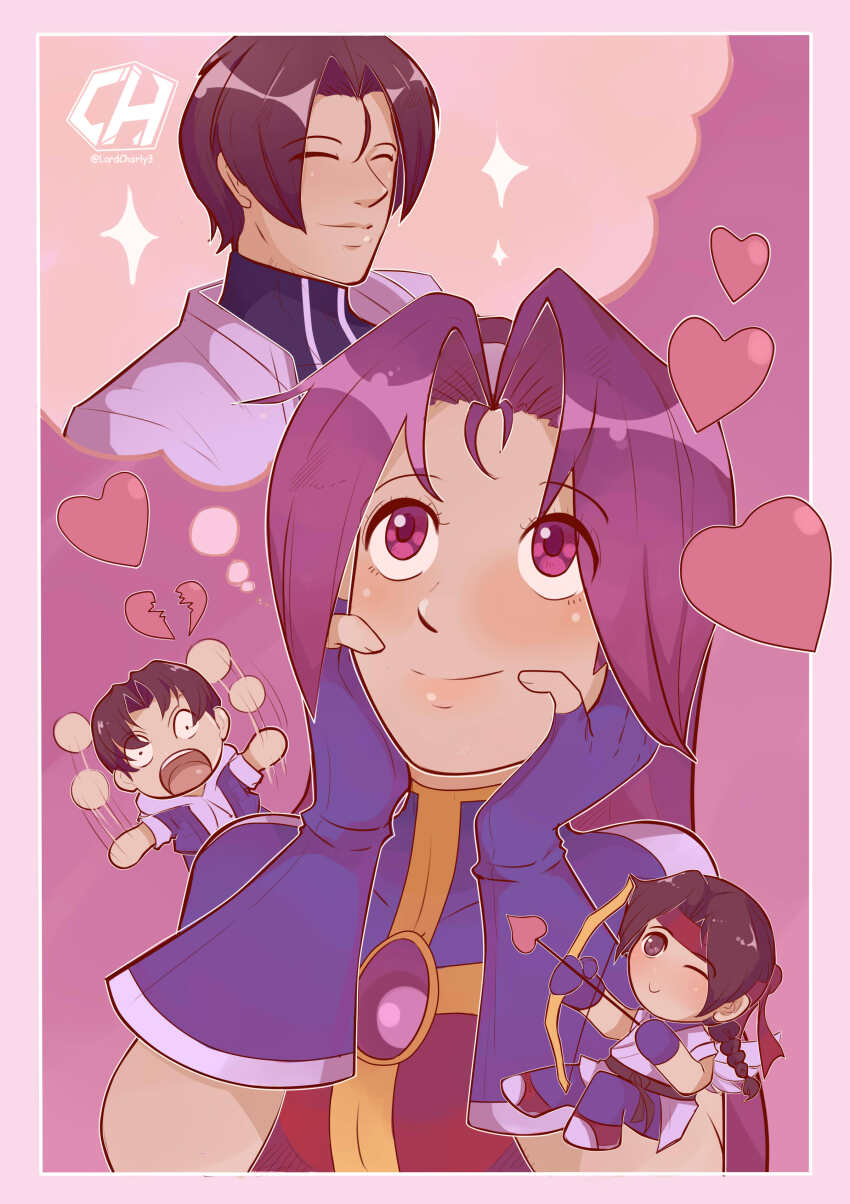 2boys 2girls absurdres asamiya_athena charlyarts heart highres kusanagi_kyou multiple_boys multiple_girls psycho_soldier ryuuko_no_ken sie_kensou snk the_king_of_fighters the_king_of_fighters_2002 yuri_sakazaki
