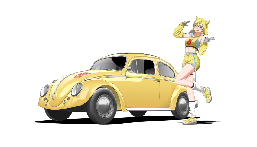 1girl absurdres amoemo autobot belt blue_belt blue_eyes bumblebee_(kotobukiya_bishoujo)_(transformers) bumblebee_(transformers) car commentary cropped_hoodie double_v english_commentary full_body genderswap genderswap_(mtf) gloves grey_gloves grey_leg_warmers grey_shirt highres hood hoodie horned_hood horns humanization kotobukiya_bishoujo leg_warmers motor_vehicle open_mouth orange_hair shadow shirt shoes short_hair shorts simple_background sleeveless sleeveless_hoodie smile standing standing_on_one_leg transformers tube_socks v vehicle_focus volkswagen volkswagen_beetle white_background yellow_car yellow_hoodie yellow_shoes yellow_shorts