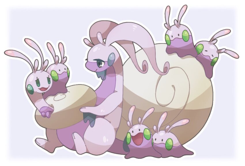 animal_focus closed_eyes colored_skin commentary_request creatures_(company) evolutionary_line game_freak gen_6_pokemon goomy hisuian_goodra hisuian_sliggoo nintendo no_humans open_mouth pokemon pokemon_(creature) purple_skin simple_background slime_(substance) slug solid_oval_eyes towa_(clonea) white_background