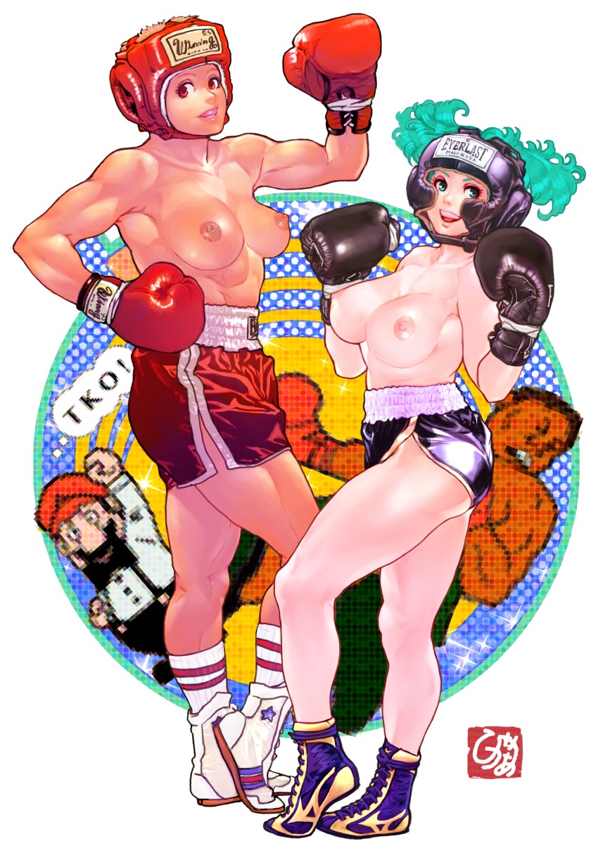 2boys 2girls abs absurdres boxing_gloves boxing_headgear breasts highres mario mike_tyson mouth_guard multiple_boys multiple_girls muscular muscular_female nintendo nipples original punch-out!! shorts smile topless_female vigwer