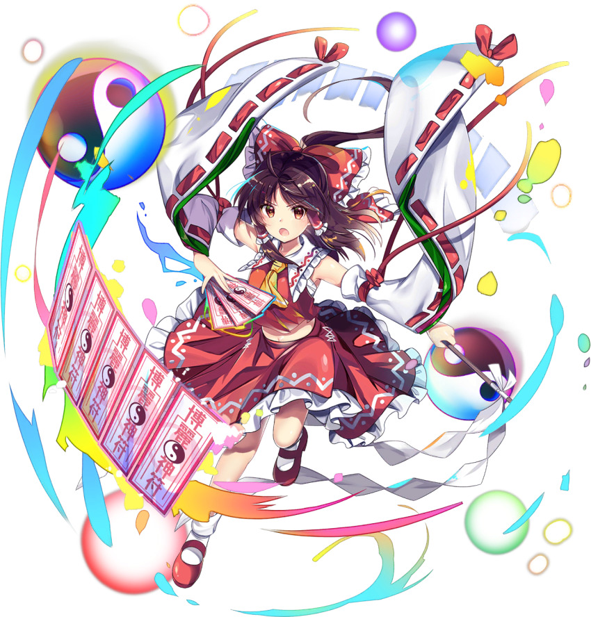 1girl ascot bow brown_eyes brown_hair chest_sarashi closed_mouth danmaku detached_sleeves frilled_bow frilled_hair_tubes frilled_skirt frills full_body game_cg gohei hair_bow hair_tubes hakurei_reimu highres holding holding_gohei holding_ofuda leg_up long_hair long_sleeves looking_at_viewer mary_janes medium_hair midriff navel official_art ofuda open_mouth orb ponytail red_bow red_shoes red_skirt ribbon-trimmed_sleeves ribbon_trim rotte_(1109) sarashi shoes skirt skirt_set socks solo third-party_source touhou touhou_lostword transparent_background white_sleeves white_socks wide_sleeves yellow_ascot yin_yang yin_yang_orb yin_yang_print