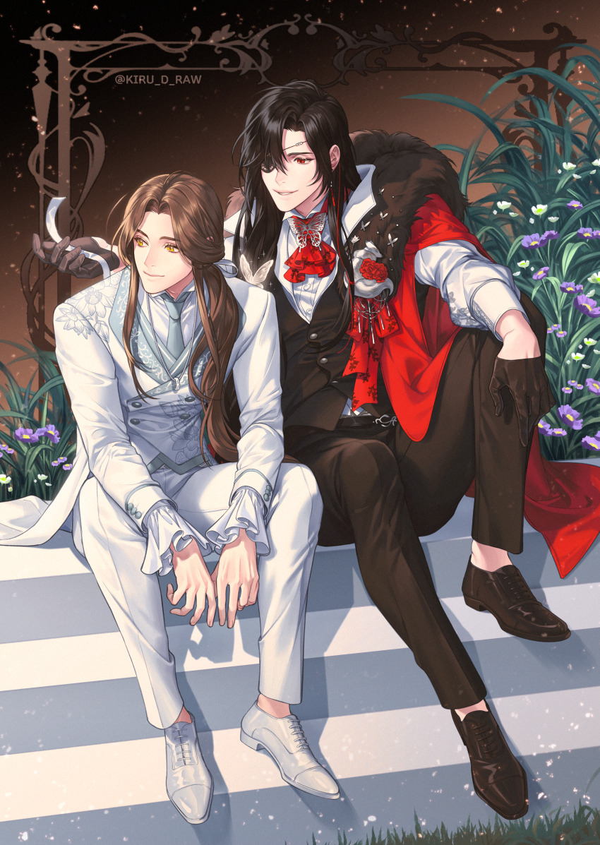 2boys absurdres alternate_costume alternate_hairstyle animal_pin arm_rest ascot belt between_legs black_background black_belt black_gloves black_hair black_pants black_shoes border borrowed_design boutonniere brooch brown_background brown_hair butterfly_brooch buttoned_cuffs buttons cape closed_mouth collared_shirt curtained_hair double-breasted dress_pants dress_shirt earrings eyepatch fingernails floral_print floral_print_jacket flower frilled_sleeves frills full_body fur_trim gloves gradient_background grass grey_necktie grey_vest hair_behind_ear hair_over_shoulder hair_ribbon half_gloves hand_between_legs hand_up height_difference highres holding holding_ribbon hua_cheng implied_yaoi inset_border jacket jewelry kiru_d_raw knee_up lace-trimmed_eyepatch lace_trim lapel_pin lapels light_particles long_sidelocks long_sleeves looking_afar looking_at_another male_focus multiple_boys necklace necktie notched_lapels ornate_border oxfords pants parted_bangs parted_lips puffy_long_sleeves puffy_sleeves purple_flower red_ascot red_cape red_eyes red_flower red_ribbon ribbon ring ring_necklace shadow shirt shoes side-by-side side_ponytail sidelocks silver_necklace silver_trim simple_background single_vertical_stripe sitting sitting_on_stairs sleeve_cuffs smile stairs straight_hair suit_jacket swept_bangs tianguan_cifu twitter_username vest waist_cape waistcoat white_flower white_jacket white_pants white_ribbon white_shirt white_shoes wing_collar xie_lian yellow_eyes