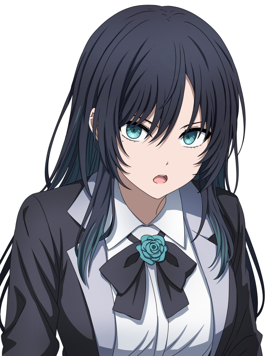 1girl ado_(utaite) black_bow black_bowtie black_coat black_hair blue_eyes blue_hair bow bowtie chando_(ado) coat collared_shirt colored_inner_hair commentary_request dress_shirt hair_between_eyes highres jacket long_hair multicolored_hair noshimurin open_clothes open_jacket requestor_upload shirt sidelocks simple_background solo upper_body utaite white_background white_shirt