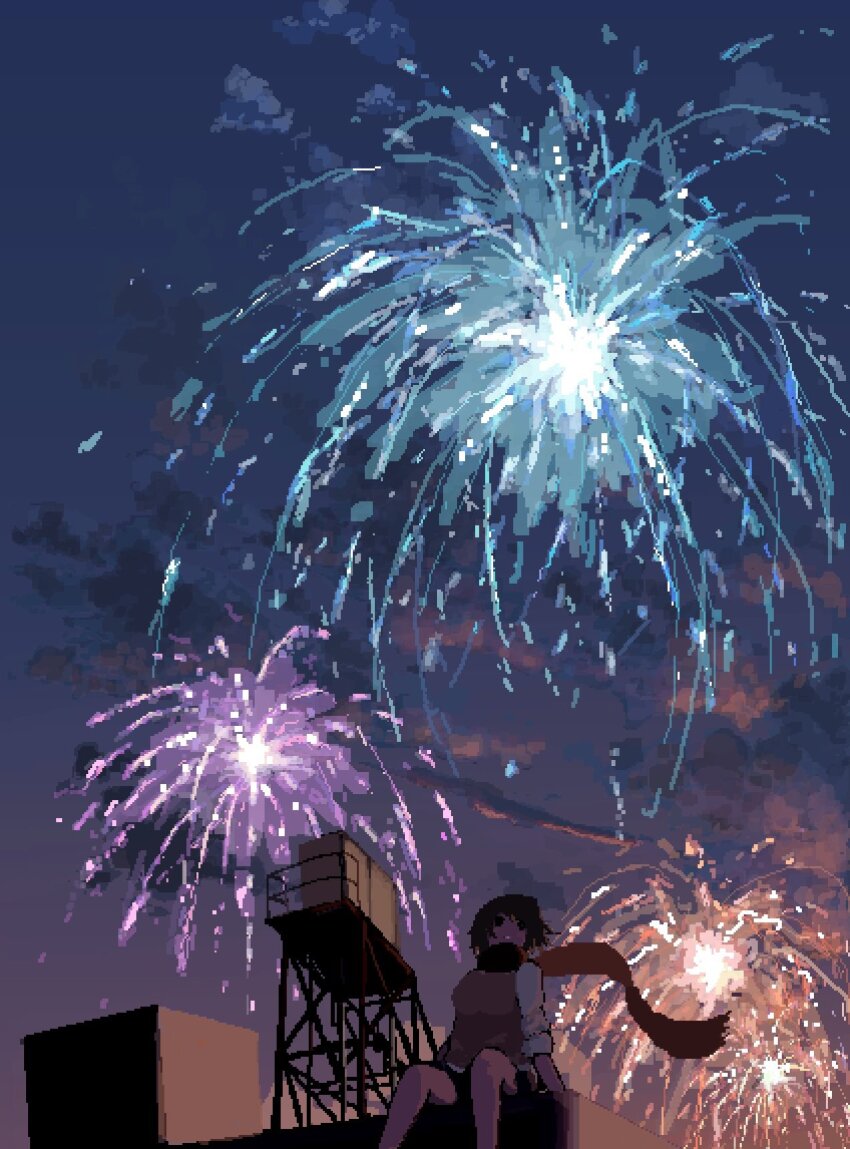 1girl :o aerial_fireworks atmospheric_perspective black_eyes black_shoes brown_hair building cloud cloudy_sky fireworks from_below highres hisachan55cute mask mouth_mask multicolored_shirt no_humans original pixel_art red_scarf scarf scenery shirt shoes short_hair silhouette sitting_on_building sky sky_focus sleeves_rolled_up solo sunset upper_body water_tower white_shirt