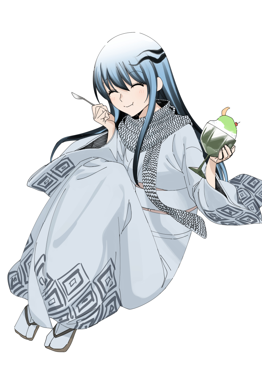 1girl absurdres blue_hair blue_kimono cherry closed_eyes cup eating flip-flops food food_in_mouth fruit highres holding holding_cup holding_spoon japanese_clothes kimono knees_up long_hair long_sleeves nurarihyon_no_mago rasupekuto sandals scarf shaved_ice sidelocks simple_background sitting smile socks solo spoon white_background yuki_onna_(nurarihyon_no_mago)
