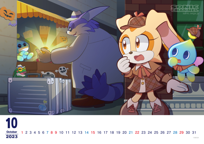 1boy 1girl absurdres animal animal_ears animal_nose archived_source big_the_cat brown_dress brown_shoes cat_boy chao_(sonic) cheese_(sonic) child coat cream_the_rabbit dress frog froggy_(sonic) full_body furry furry_female furry_male gloves halloween hat highres long_sleeves official_art rabbit_ears rabbit_girl shoes sonic_(series) sonic_channel standing white_coat white_gloves white_hat
