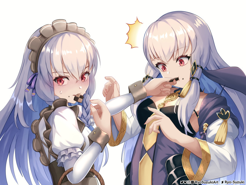2girls ^^^ absurdres artist_name braid cookie dress fingernails fire_emblem fire_emblem:_three_houses fire_emblem_heroes food food_on_face hair_between_eyes hair_ornament highres juliet_sleeves long_hair long_sleeves looking_at_viewer lysithea_von_ordelia lysithea_von_ordelia_(tea_party) lysithea_von_ordelia_(timeskip) maid maid_headdress mixed-language_commentary mouth_hold multiple_girls nintendo official_alternate_costume puffy_sleeves purple_dress red_eyes ryo-suzuki simple_background sweatdrop time_paradox upper_body veil white_background white_hair