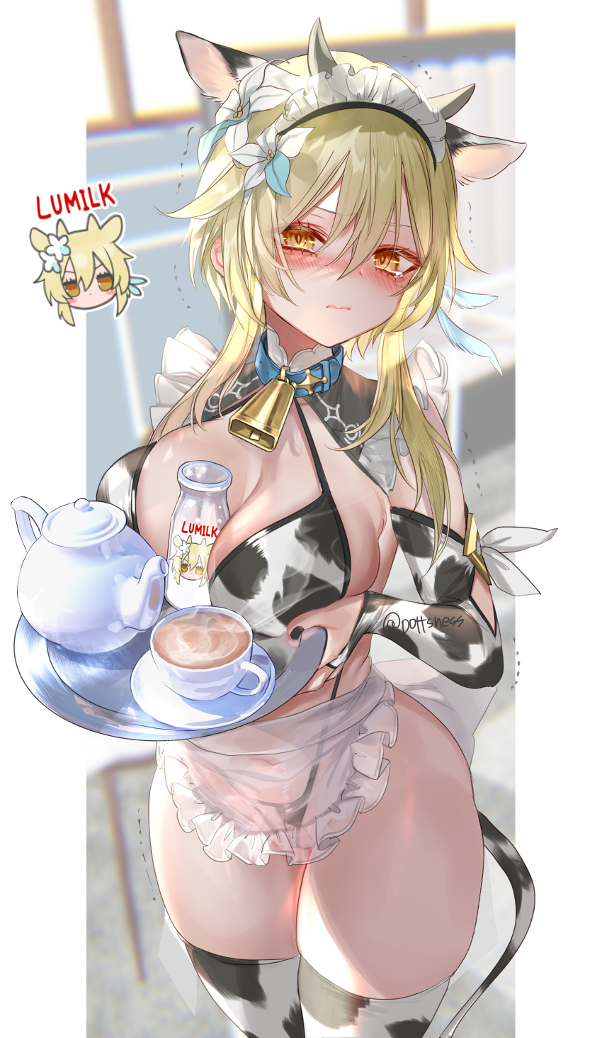 1girl absurdres aegyo_sal animal_ears animal_print apron bell between_breasts bikini blonde_hair blue_collar blush breasts closed_mouth collar commentary_request cow_ears cow_horns cow_print cow_tail cowbell cup embarrassed fake_animal_ears flower genshin_impact hair_between_eyes hair_flower hair_ornament highres holding holding_plate horns large_breasts looking_at_viewer lumine_(genshin_impact) maid_headdress milk navel neck_bell plate pottsness print_thighhighs solo steam swimsuit tail tea teacup tears thighhighs twitter_username wavy_mouth