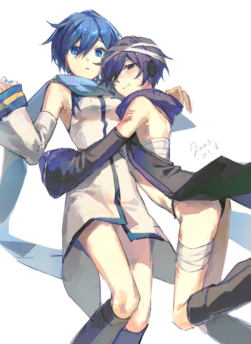 2023 2girls arm_warmers ass bandaged_chest bandaged_head bandaged_leg bandages bare_shoulders blue_eyes blue_hair blue_nails blue_scarf blush coat commentary cropped_legs cuts dated detached_sleeves genderswap genderswap_(mtf) hair_between_eyes headphones highres hug injury kaiko_(vocaloid) kaito_(vocaloid) kazemi_arashi leg_warmers legs long_sleeves looking_at_viewer looking_down multiple_girls nail_polish open_mouth purple_eyes purple_hair purple_scarf scarf short_hair simple_background taito_(vocaloid) vocaloid white_background white_coat