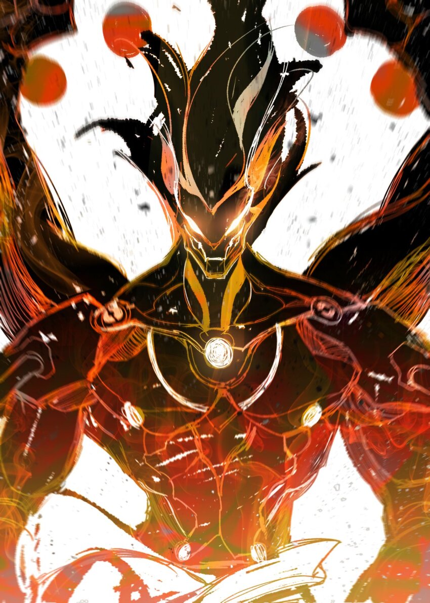 1boy arms_up artificial_eye banyue_(zenless_zone_zero) clothed_robot clothes_around_waist debris extra_arms floating_ball glowing glowing_eyes hashtag-only_commentary highres humanoid_robot joints like0629521 long_hair male_focus mechanical_arms mechanical_eye mechanical_hands metal_skin muscular muscular_male orb robot robot_boy robot_joints solo upper_body white_background zenless_zone_zero