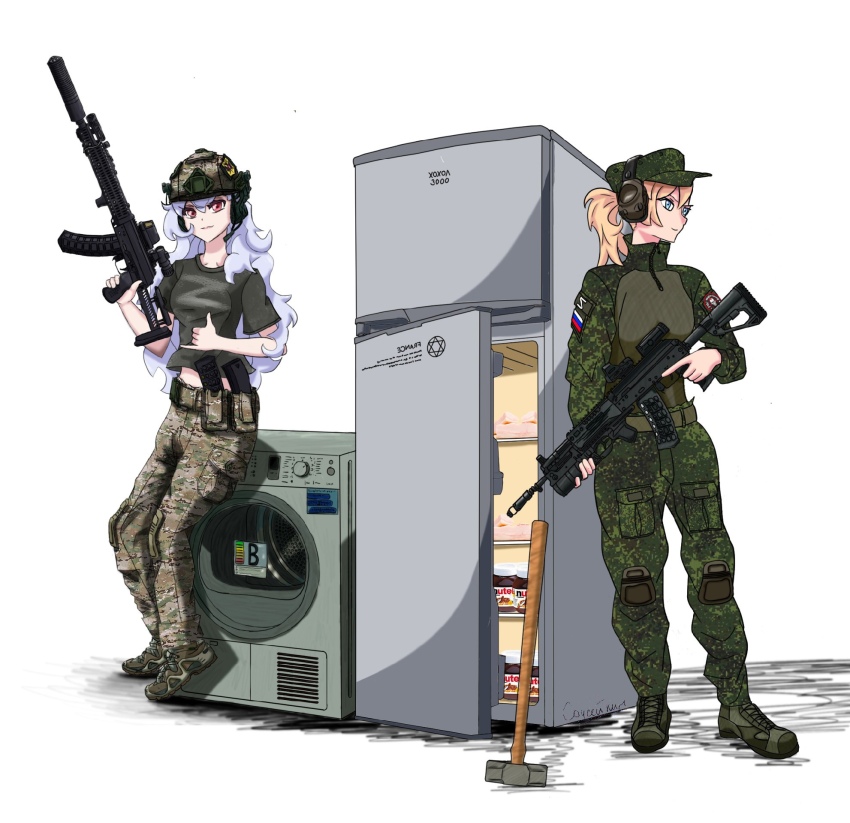 1girl ak-12 ak-74m alpha_(alpha_1918) ammunition ammunition_belt ammunition_pouch asouprus assault_rifle belt black_shirt blonde_hair blue_eyes boots camouflage camouflage_pants collarbone combat_boots combat_helmet commission flag fluffy fluffy_hair gun hair_ornament hammer hat headphones helmet hexagram highres holding holding_gun holding_weapon kalashnikov_rifle knee_pads light_smile lips long_hair looking_to_the_side magazine_(weapon) midriff midriff_peek military military_hat military_uniform neck nutella optical_sight original pants pocket ponytail pouch red_eyes red_lips refrigerator rifle russia russian_empire russian_flag russian_ground_forces russo-ukrainian_war shaka_sign shirt short_sleeves sitting smile soldier standing star_of_david suppressor svinorezka t-shirt theft very_long_hair wagner_group war war_crime washing_machine waving_flag weapon white_hair z_(russian_symbol)