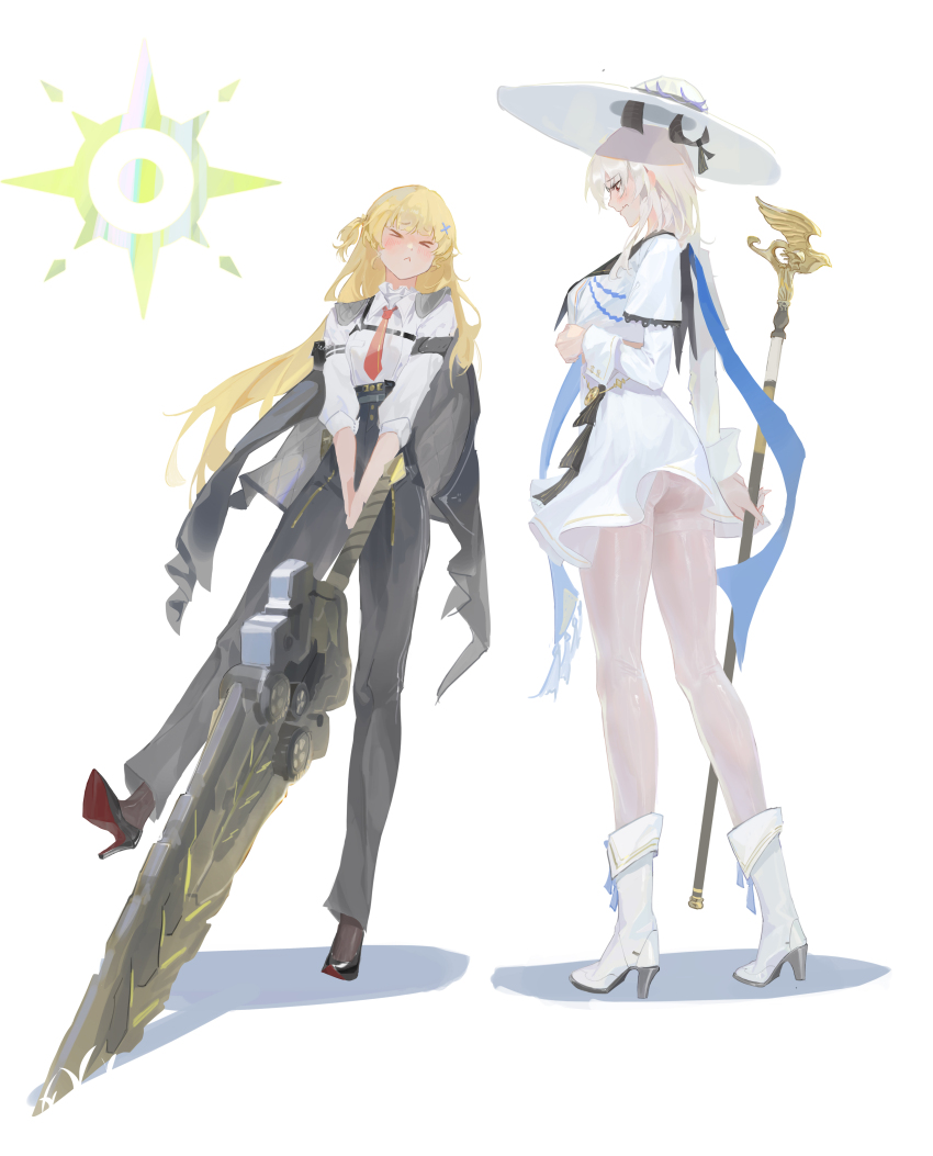 &gt;_&lt; 2girls :&lt; absurdres armband artistic_error ass bad_id bad_pixiv_id black_armband black_horns black_jacket black_pants black_shoes blonde_hair blue_sash boots breasts closed_eyes closed_mouth collared_shirt commentary_request cosplay costume_switch curled_horns greatsword grey_hair hair_ornament hat heavy high-waist_pants high_heel_boots high_heels highres holding holding_staff holding_sword holding_weapon horns jacket jacket_on_shoulders large_breasts long_hair long_sleeves looking_at_another multiple_girls necktie pants pantyhose phoebe_(wuthering_waves) red_necktie sash shirt shirt_tucked_in shoes simple_background skirt staff standing sword weapon white_background white_boots white_hat white_pantyhose white_shirt white_skirt world_(1257843324) wuthering_waves x_hair_ornament zani_(wuthering_waves)