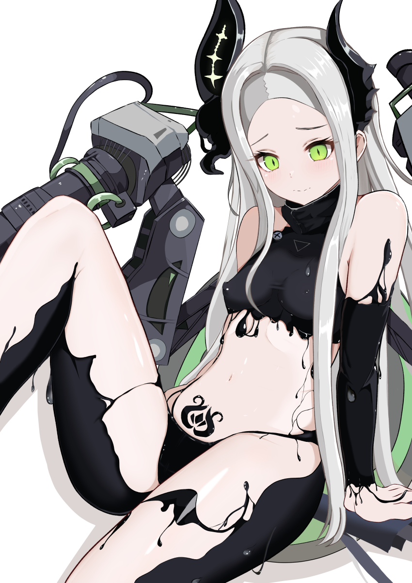 1girl absurdres araaraneko bare_shoulders black_horns black_liquid black_nails breasts forehead four_beasts_(nikke) goddess_of_victory:_nikke green_eyes grey_hair highres horns leviathan_(nikke) liquid_clothes long_hair looking_at_viewer piercing pointy_ears pubic_tattoo simple_background small_breasts solo tattoo thighs tongue_piercing