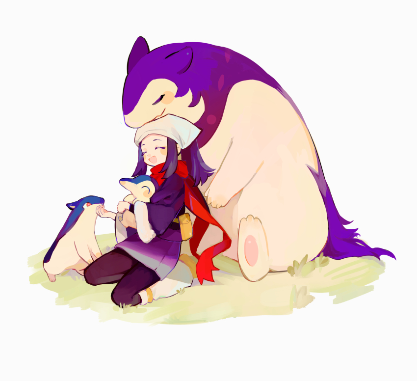 1girl akari_(pokemon) blush blush_stickers chin_rest closed_eyes cyndaquil galaxy_expedition_team_survey_corps_uniform gen_2_pokemon grass head_on_head head_rest headscarf highres hisuian_typhlosion holding holding_pokemon long_hair nintendo open_mouth pawpads pokemon pokemon_(creature) pokemon_legends:_arceus quilava red_eyes scarf sitting typhlosion wariza white_background