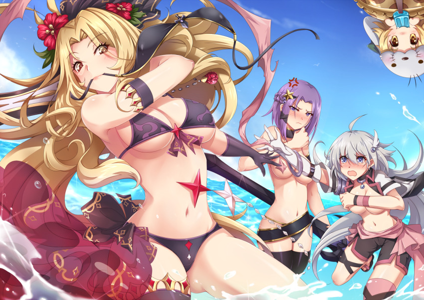 4girls aata1007 ahoge angry belt bikini blonde_hair blue_eyes blush breasts christina_(princess_connect!) cleavage elbow_gloves flower food gloves hair_flower hair_ornament jun_(princess_connect!) jun_(summer)_(princess_connect!) large_breasts long_hair matsuri_(princess_connect!) midriff multiple_girls navel ocean popsicle princess_connect! purple_eyes purple_hair smile swimsuit thigh_strap thighhighs tomo_(princess_connect!) very_long_hair water yellow_eyes