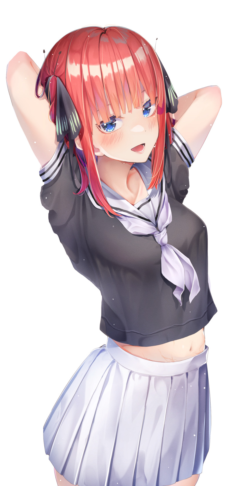 1girl absurdres black_serafuku blue_eyes blush bow go-toubun_no_hanayome hair_bow highres looking_at_viewer medium_hair nakano_nino navel neckerchief orange_hair pleated_skirt purple_neckerchief purple_skirt sailor_collar school_uniform serafuku short_sleeves simple_background skirt solo standing sweat white_background white_sailor_collar yuunamida_uyu