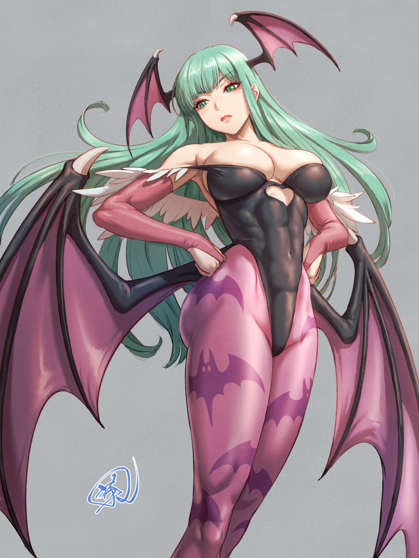 1girl animal_print bare_shoulders bat_print breasts bridal_gauntlets cleavage clothing_cutout cowboy_shot darkstalkers demon_girl demon_wings fujii_eishun green_eyes green_hair grey_background head_wings heart_cutout highres large_breasts long_hair low_wings morrigan_aensland multiple_wings muscular muscular_female pantyhose print_pantyhose purple_pantyhose simple_background solo wings