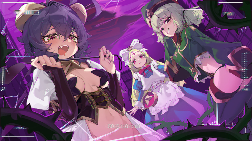 3girls absurdres aiza-ku apron araga_kiwi bat_brooch black_eyes black_panties black_pasties blue_dress blush boots breasts coat corset cross cross_facial_mark cross_tattoo dress facial_mark fold-over_gloves forehead_mark forehead_tattoo forward_facing_horns gloves green_boots green_gloves green_hat green_jacket hat highres hiiragi_utena holding holding_riding_crop horns jacket large_breasts large_ribbon leoparde_(mahou_shoujo_ni_akogarete) looking_at_viewer lowleg lowleg_pants magia_baiser mahou_shoujo_ni_akogarete military_coat military_hat military_jacket mole mole_under_eye morino_korisu multiple_girls navel nero_alice open_mouth panties pants pasties purple_corset purple_pasties red_eyes revealing_clothes riding_crop smile star_(symbol) star_pasties star_tattoo symbol-shaped_pupils tattoo underwear very_long_sleeves viewfinder white_apron yellow_eyes yellow_horns